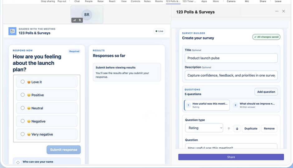 A multi-question survey in 123 Polls & Surveys with a participant preview