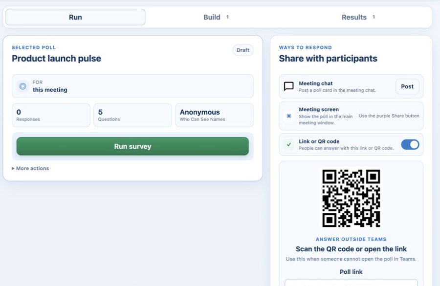 Sharing a poll to the meeting chat, the meeting screen, a link or a QR code