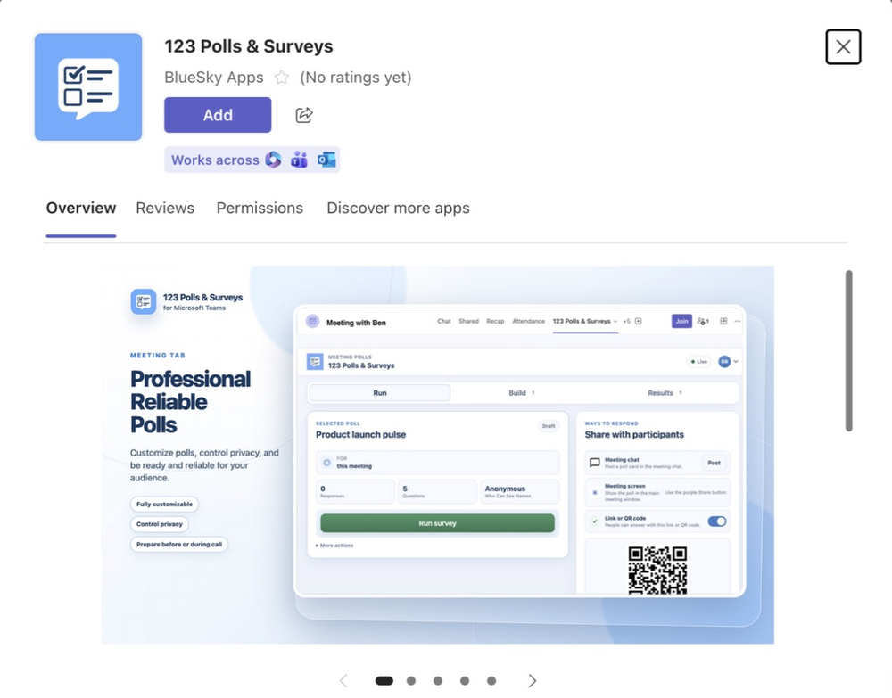 123 Polls & Surveys in the Microsoft Teams add-app dialog, with the Add button